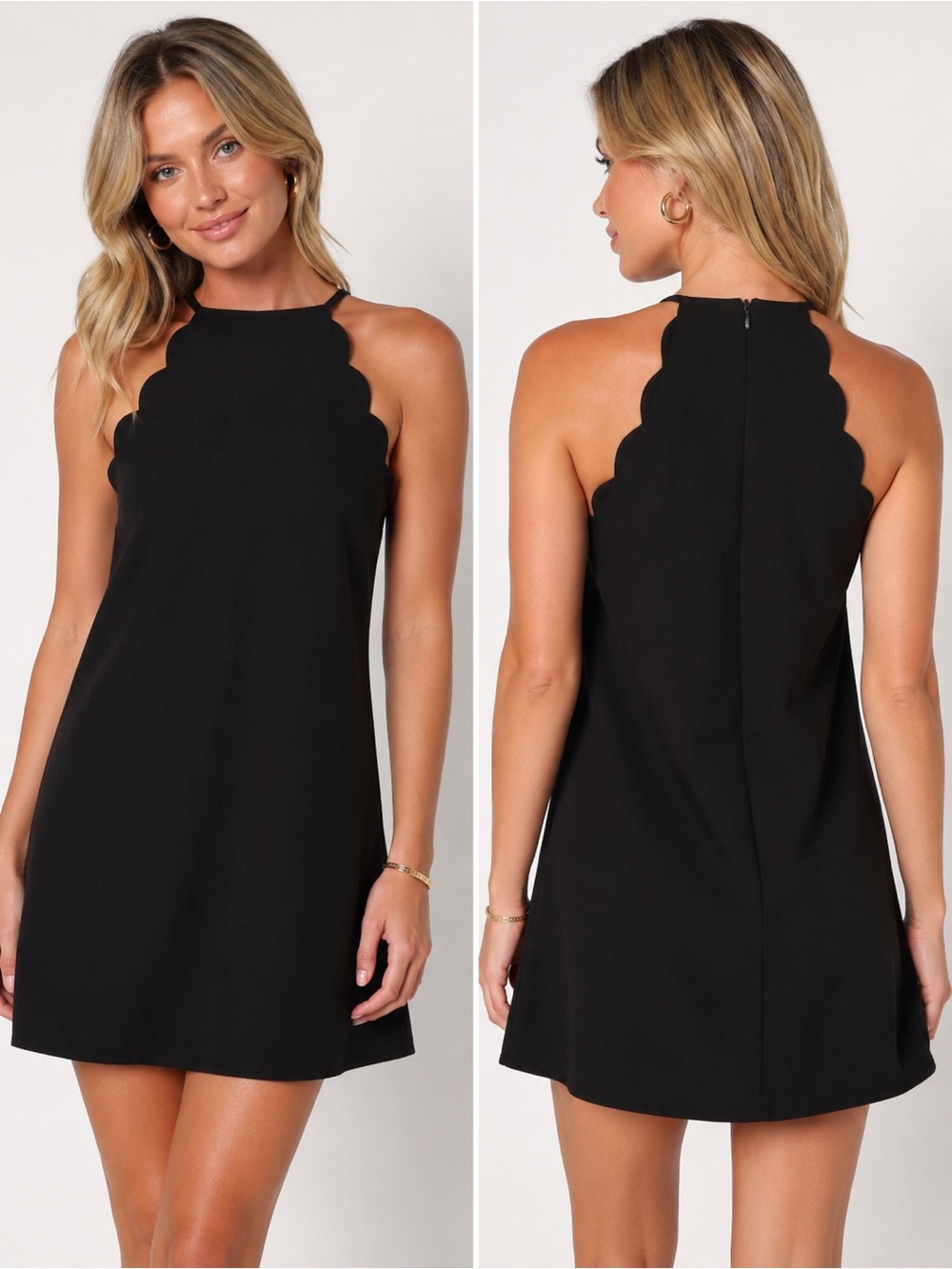 Lulus Women’s Black Scalloped Halter Shift Mini Dress Size Small Sleeveless